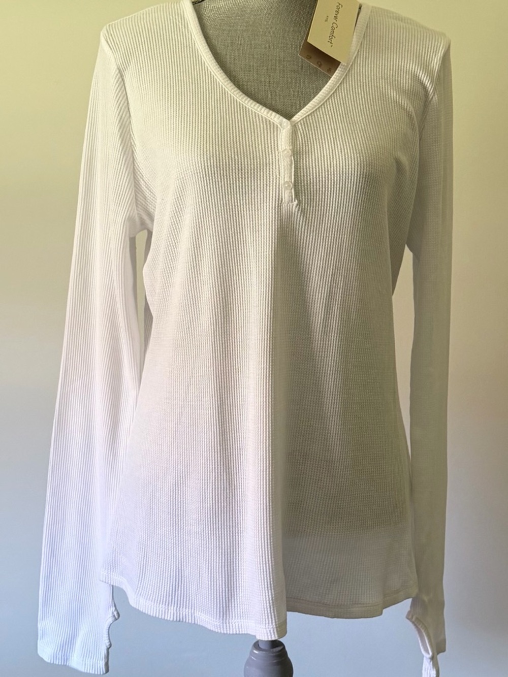 NYDJ White Waffle-Knit Henley Long Sleeve Top